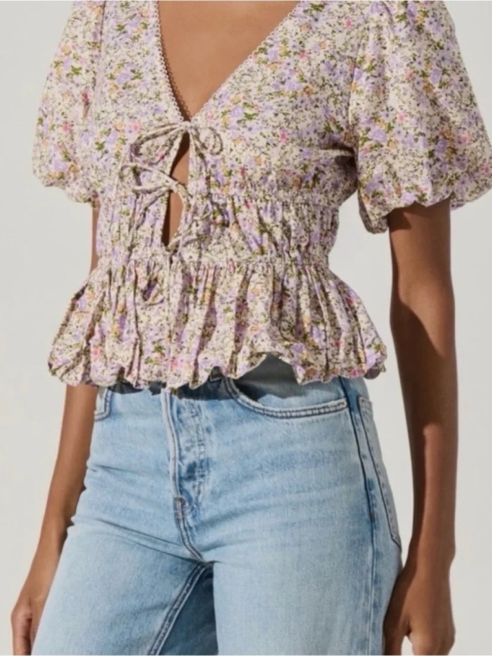 Astr the Label Lavender Floral Tie-Front Peplum Blouse - Picture 1 of 5